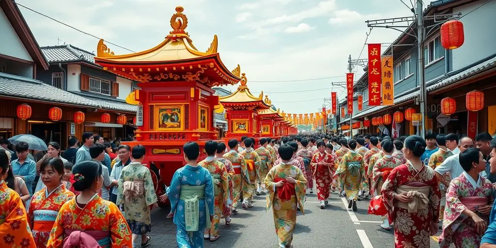 Traditional Japanese festival with people in colorful kimonos.