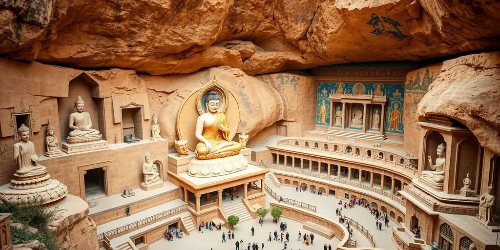 Mogao Caves with Buddhist statues and murals