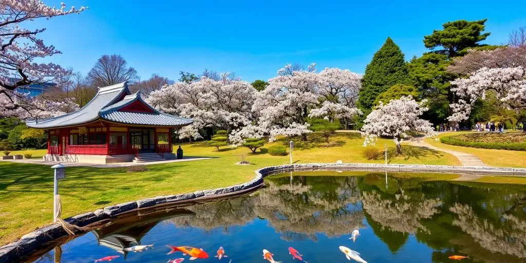 Shinjuku Gyoen tea house and cherry blossoms