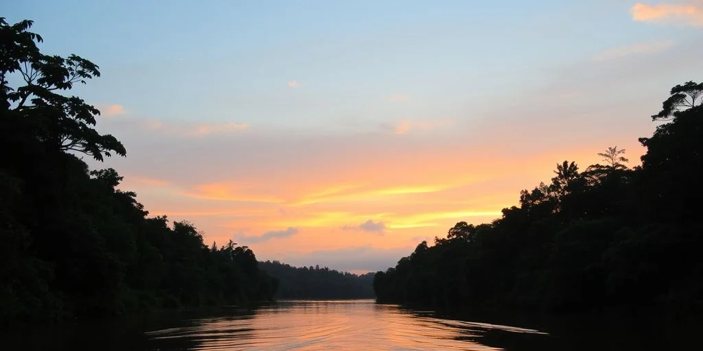 Kinabatangan River at sunset with lush rainforest