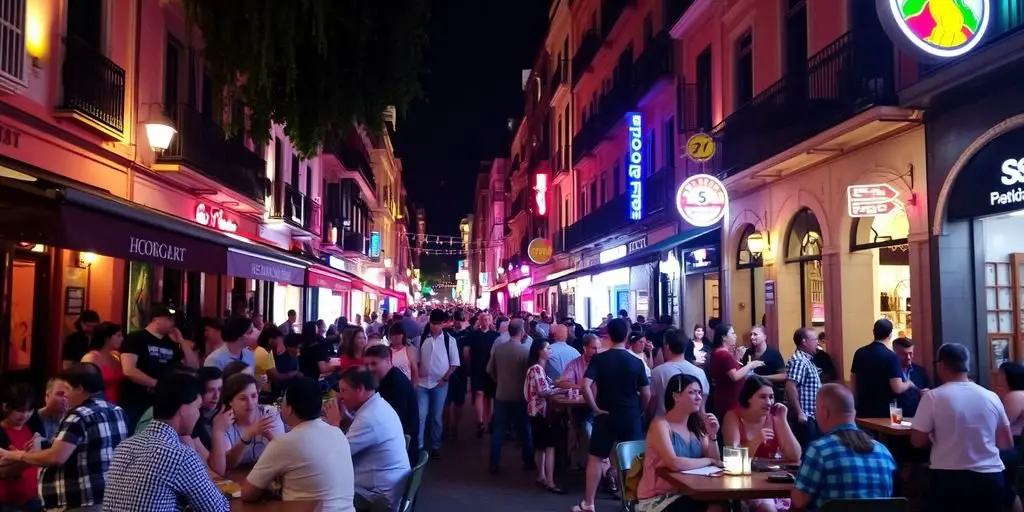 Nightlife in Chueca with outdoor cafes and colorful lights