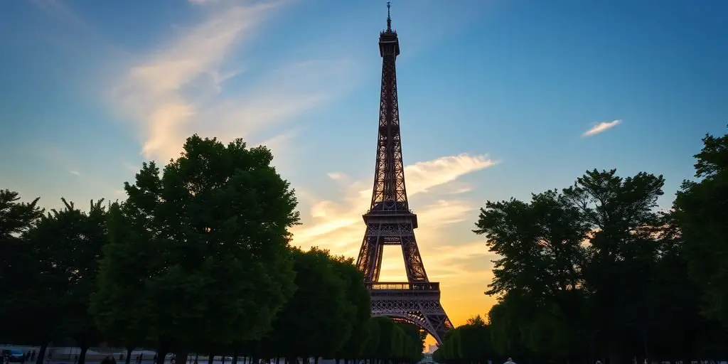 Eiffel Tower at sunset with people and trees