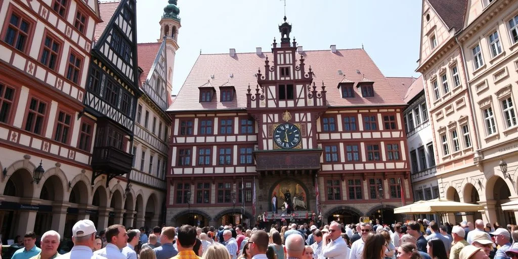 Munich's Rathaus-Glockenspiel with a lively crowd below.