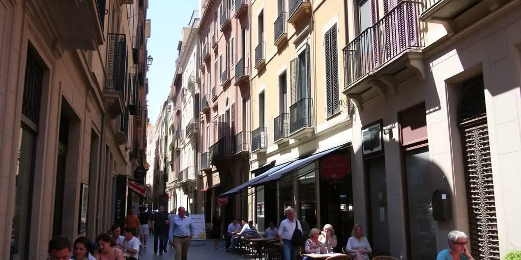 Gothic Quarter street with historic buildings and outdoor cafes