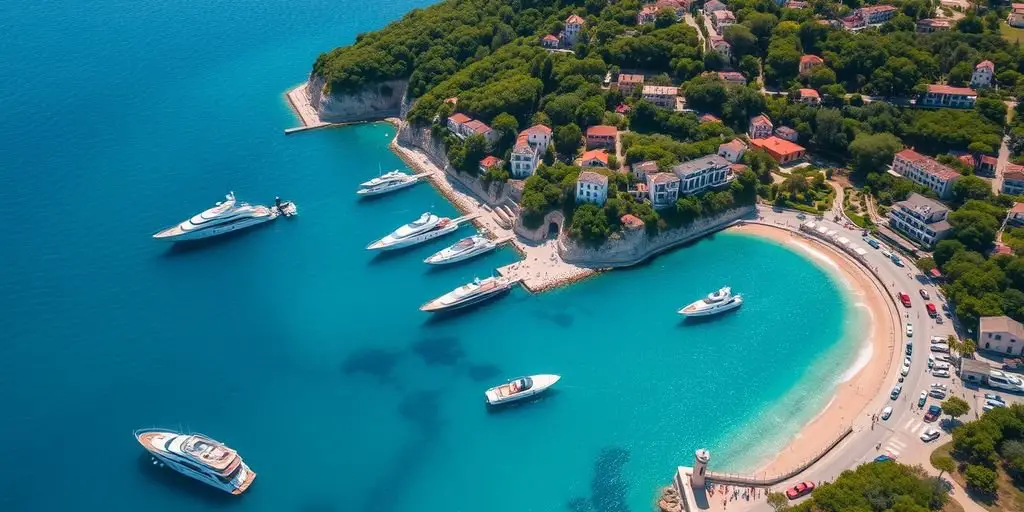 Aerial view of French Riviera with yachts and beaches.