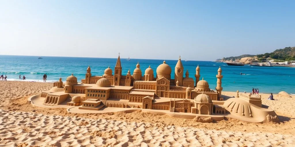 Antalya beach with sand sculptures and turquoise waters