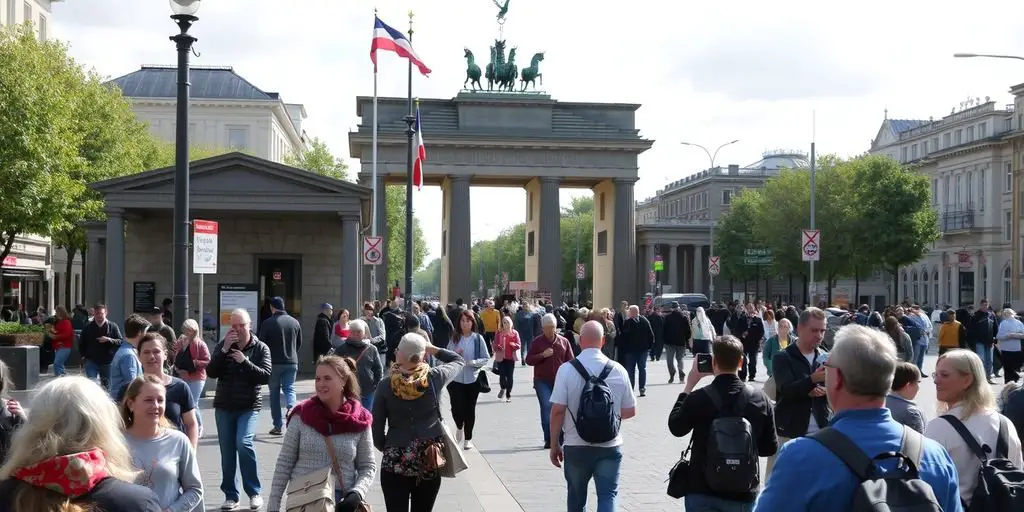 Tourists at Checkpoint Charlie in Berlin with guardhouse