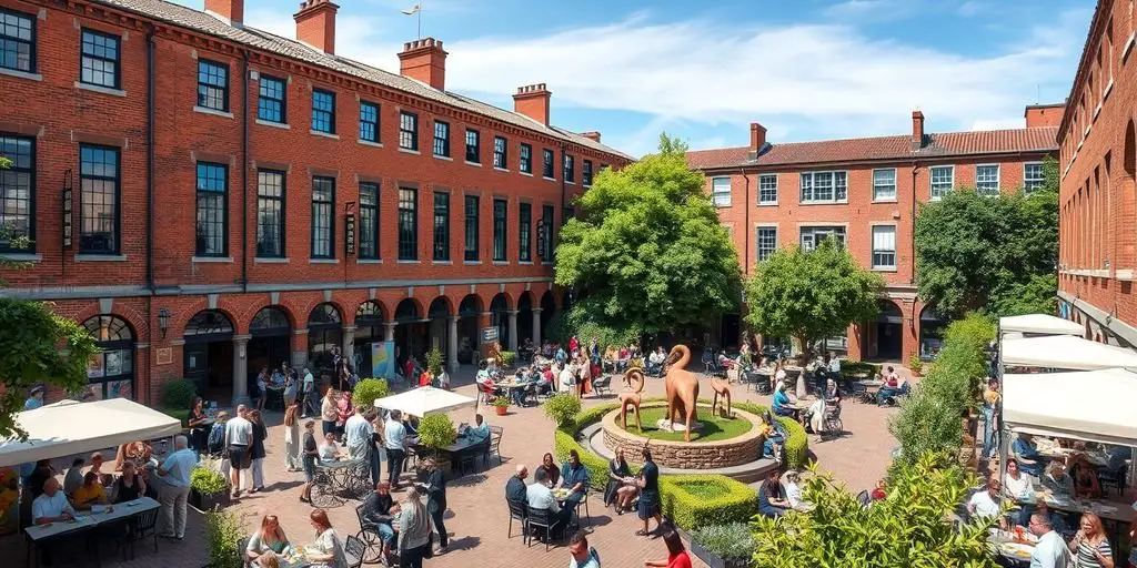 Courtyard with people, cafes, art, and historic buildings