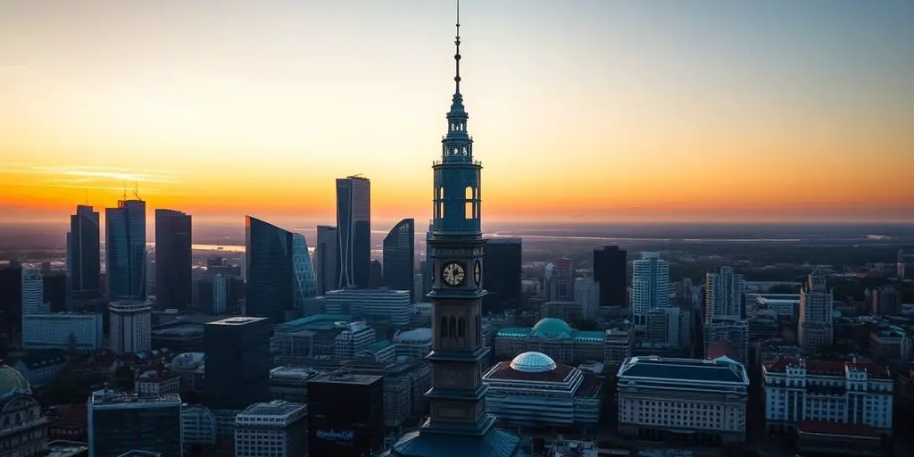 Frankfurt skyline with Main Tower at sunset