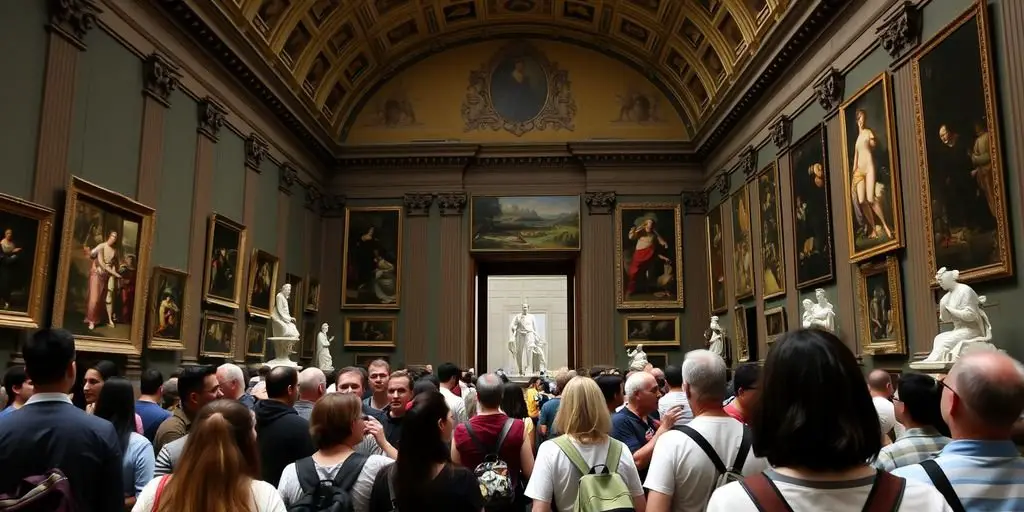 Tourists admiring art in Uffizi Gallery, Florence.