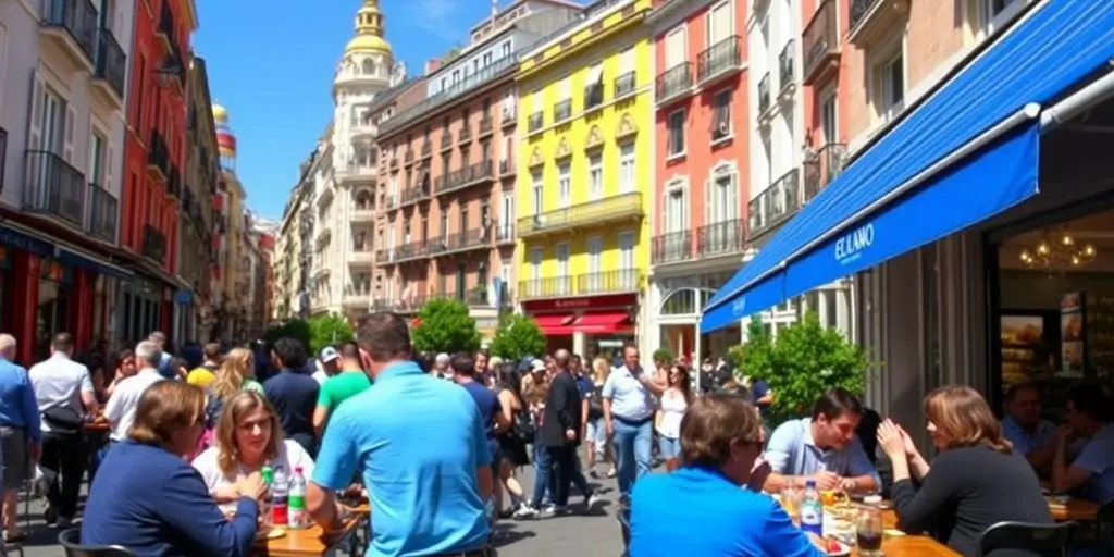 People enjoying tapas at outdoor cafes in Madrid