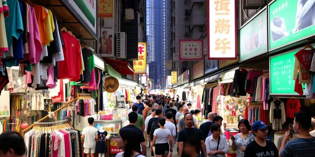 Crowded market with colorful stalls and various goods