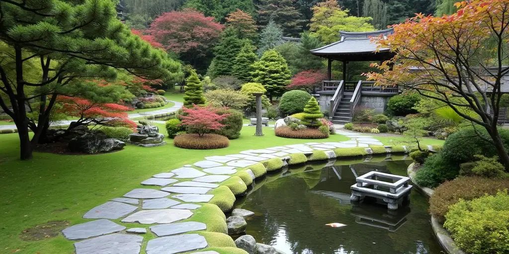 Japanese garden with koi pond and wooden bridge