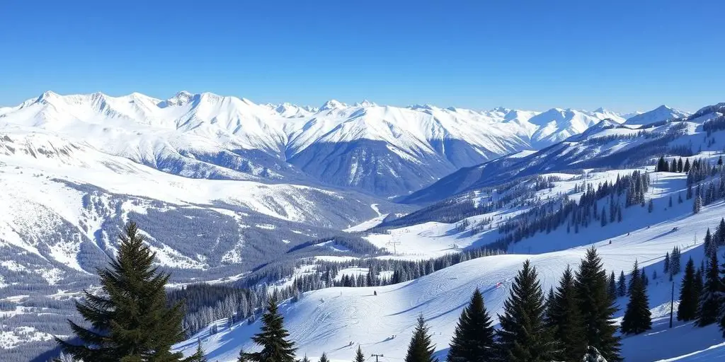 Skiers on snowy French Alps slopes under clear blue sky.