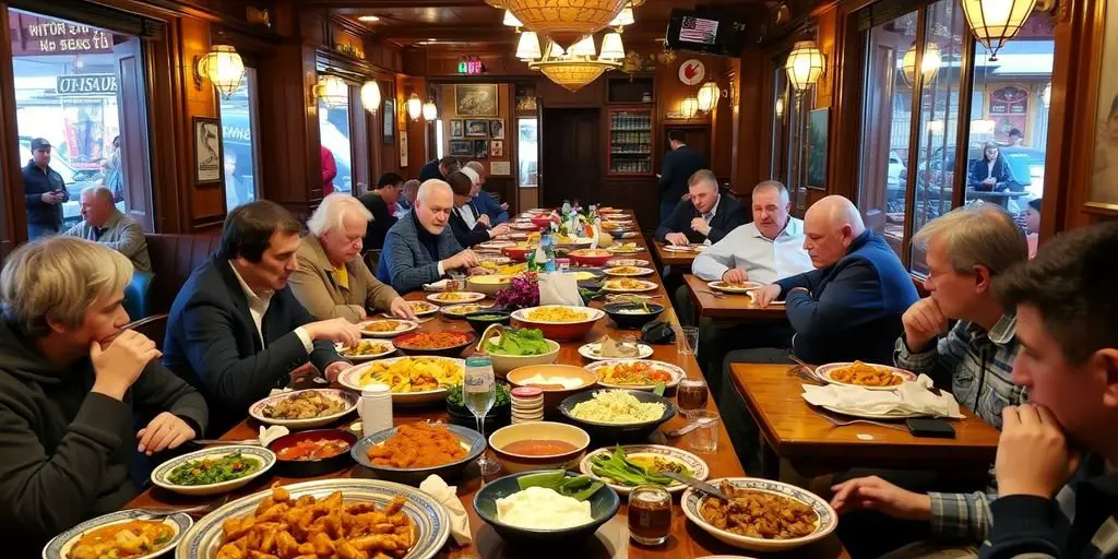 Traditional Turkish restaurant with locals enjoying hearty meals.