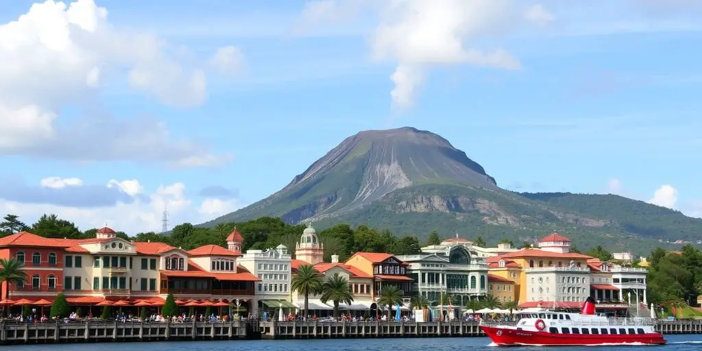 Tokyo DisneySea with Mount Prometheus and a boat