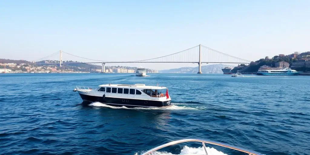 Boat cruising on Bosphorus with bridge in background