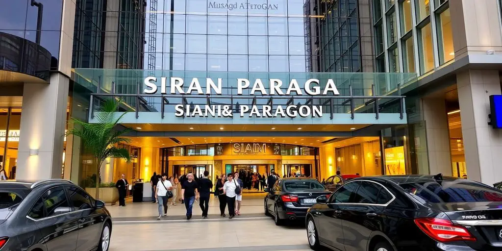 Siam Paragon entrance with people and luxury cars