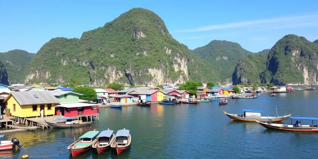 Koh Panyi floating village with boats and green cliffs