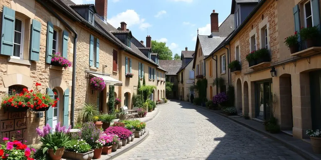 Charming French village with cobblestone streets and stone houses.