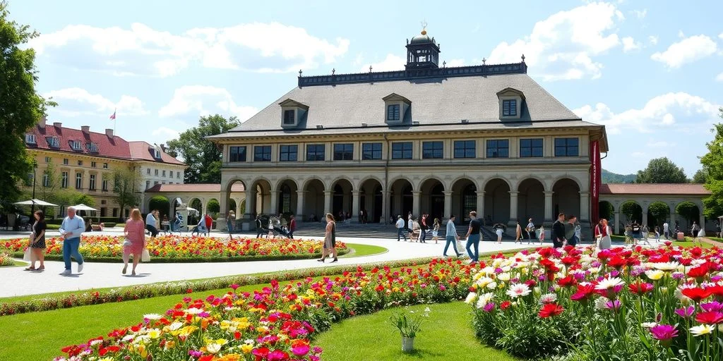 Hofgarden with flowers and historic pavilion