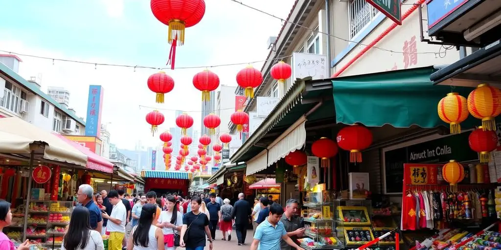 Vibrant Stanley Market with colorful stalls and shoppers