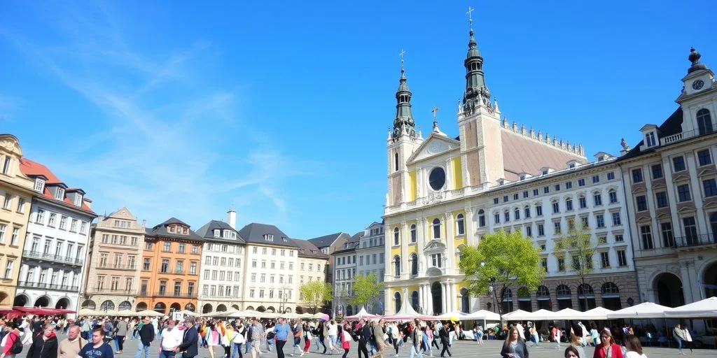 Odeonsplatz with people and Theatiner Church