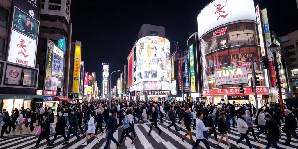 Crowded Shibuya Crossing in Tokyo at night