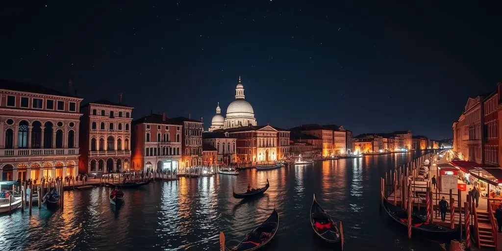 Night view of Venice with gondolas and illuminated buildings.