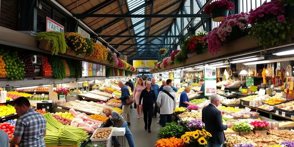 Indoor market with fresh produce and shoppers