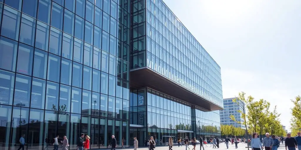 Modern glass building with people on plaza