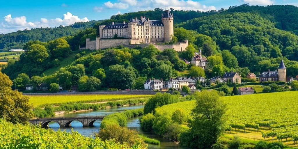 Chinon castle, vineyards, and Vienne River