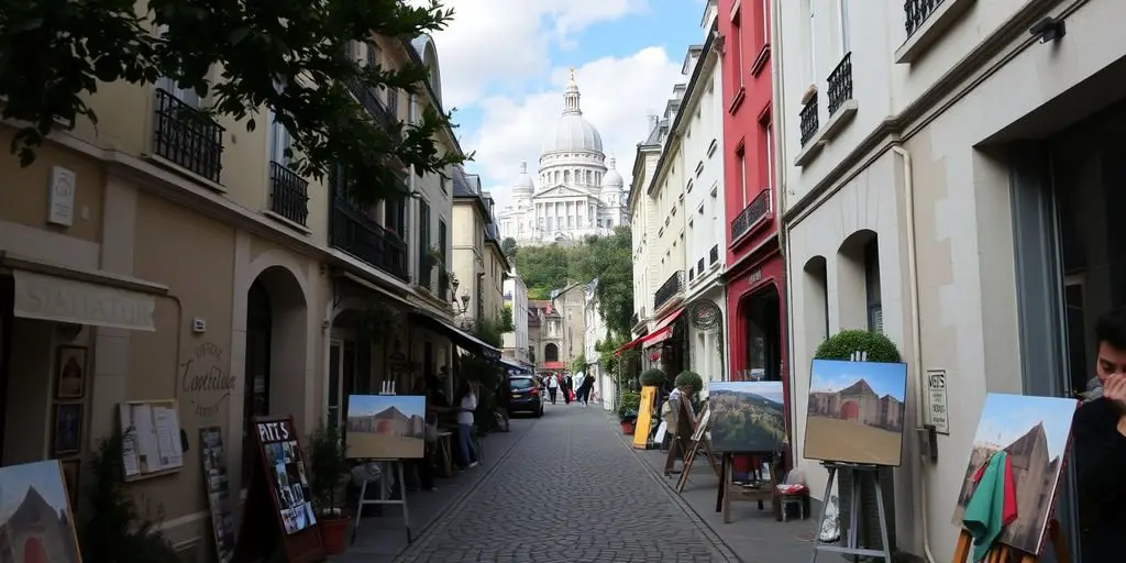 Charming Montmartre streets with cafes and Sacré-Cœur Basilica.