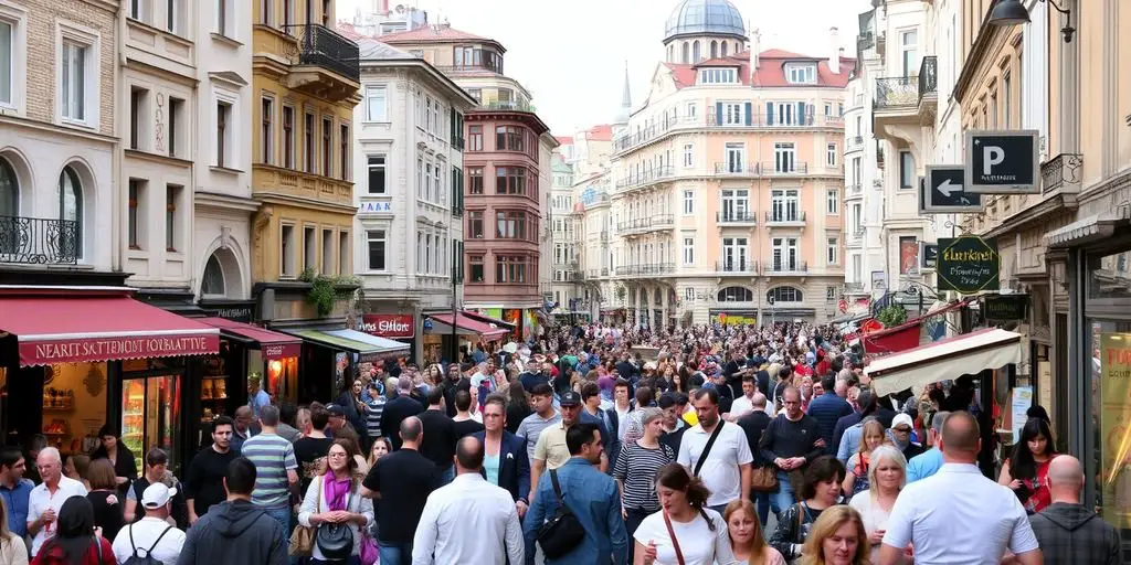 Crowded Istiklal Street with historic buildings