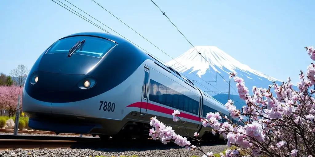 Bullet train with Mount Fuji and cherry blossoms