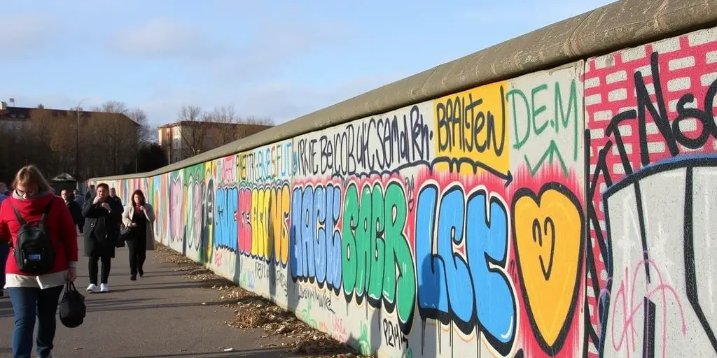 Colorful graffiti on Berlin Wall with people nearby