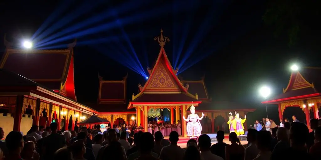 Night scene at Phuket Fantasea with dazzling lights.