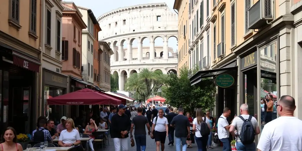 Rome street with cafes and the Colosseum