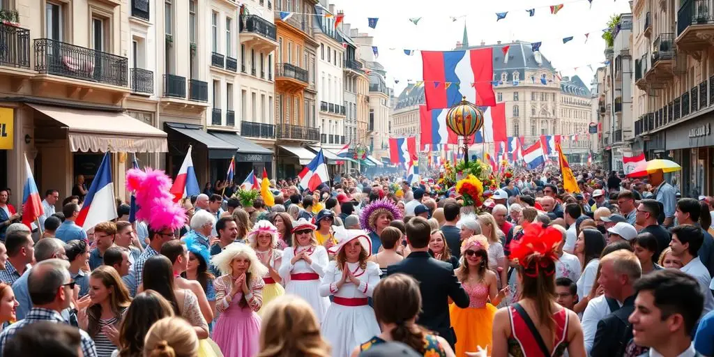 French cultural festival with colorful costumes and crowds