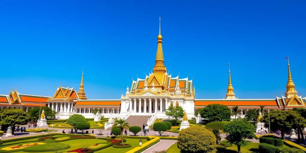 Grand Palace with golden spires and lush gardens